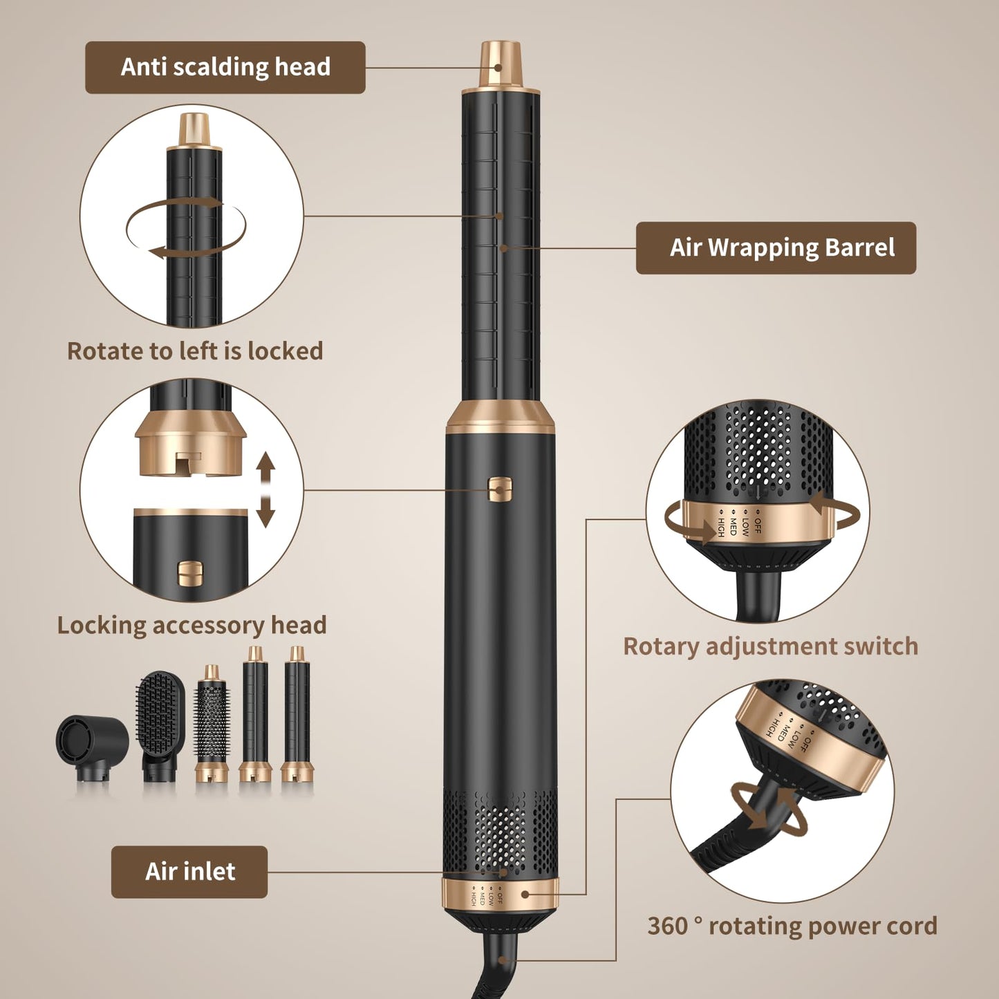 5 in 1 Blow Dryer Brush, Upgrade Hair Dryer Brush Air Curler Air Curling Wrap Styler, Detachable Hot Air Brush Negative Ion Curling Brush Iron, Hair Styling Tools for Drying Curling Straightening