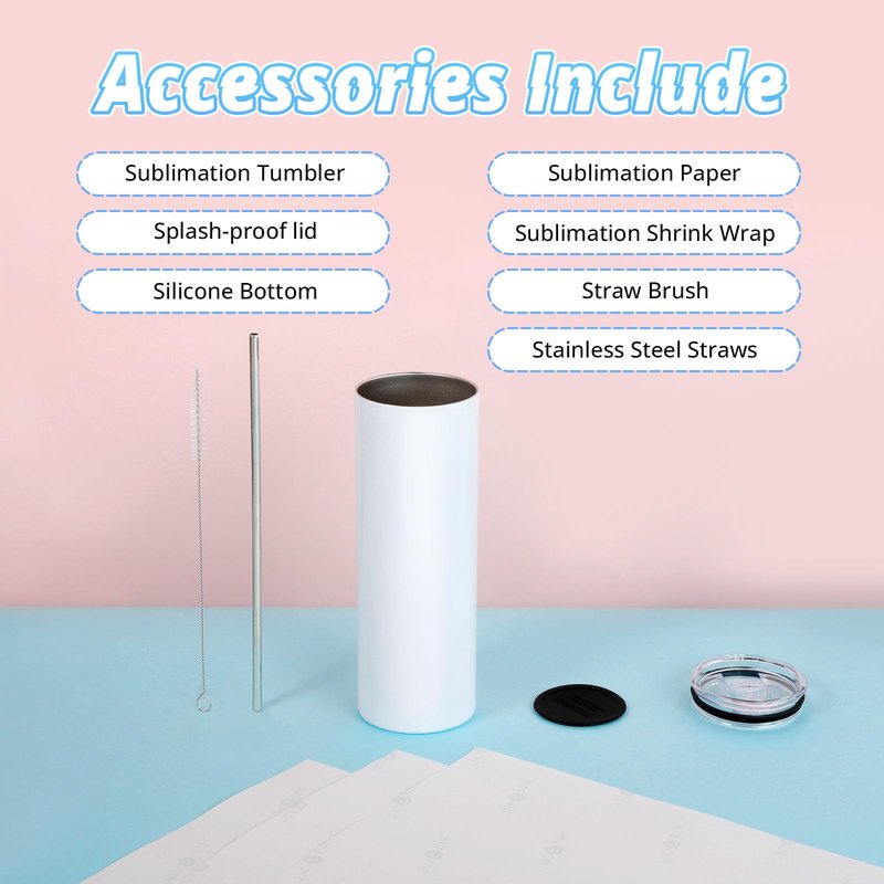 HTVRONT Sublimation Tumblers 12 PCS - 20 OZ Sublimation Tumbler Blanks with Sublimation Paper/Shrink Wrap Films/Heat Tape/Straws/Straw Brush - Sublimation Blanks Products for Gift/DIY Craft