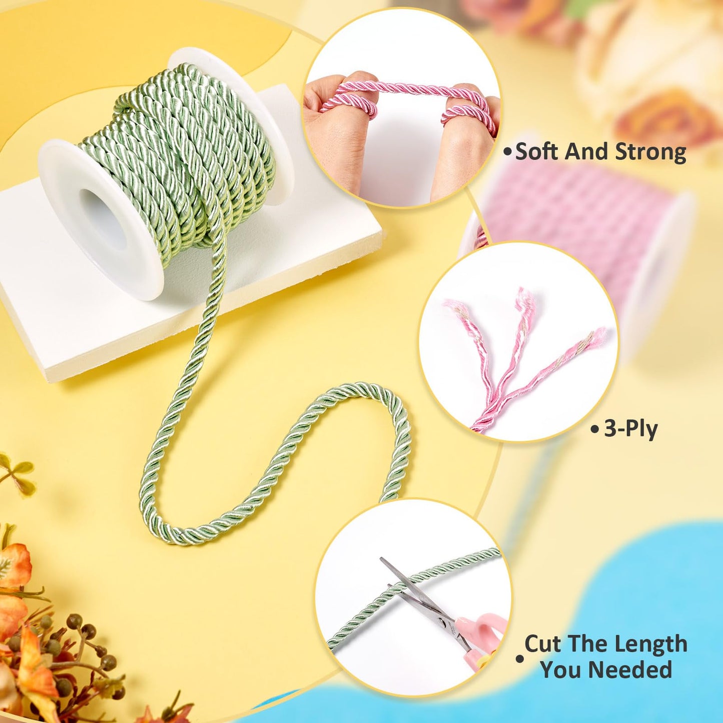 Bestewelry 8.74 Yard 5mm Polyester Twine Cord Pink Green Decorative Twisted Cord Shiny Silk Ropes for Christmas Party Home Decor Bag Drawstrings Costume Curtain Tieback Macrame Bracelet