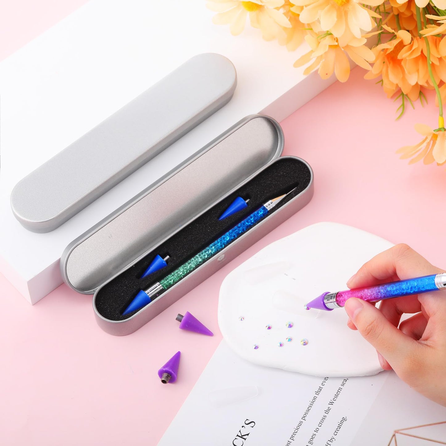 Tatuo 2 Pcs Nail Rhinestone Picker Tool Dual Ended Wax Pen Gem Picker Tool Dotting Pen for Nail Art DIY Rhinestones Dotting Gems Stones Crystals and Charms(Gradient Blue Purple)