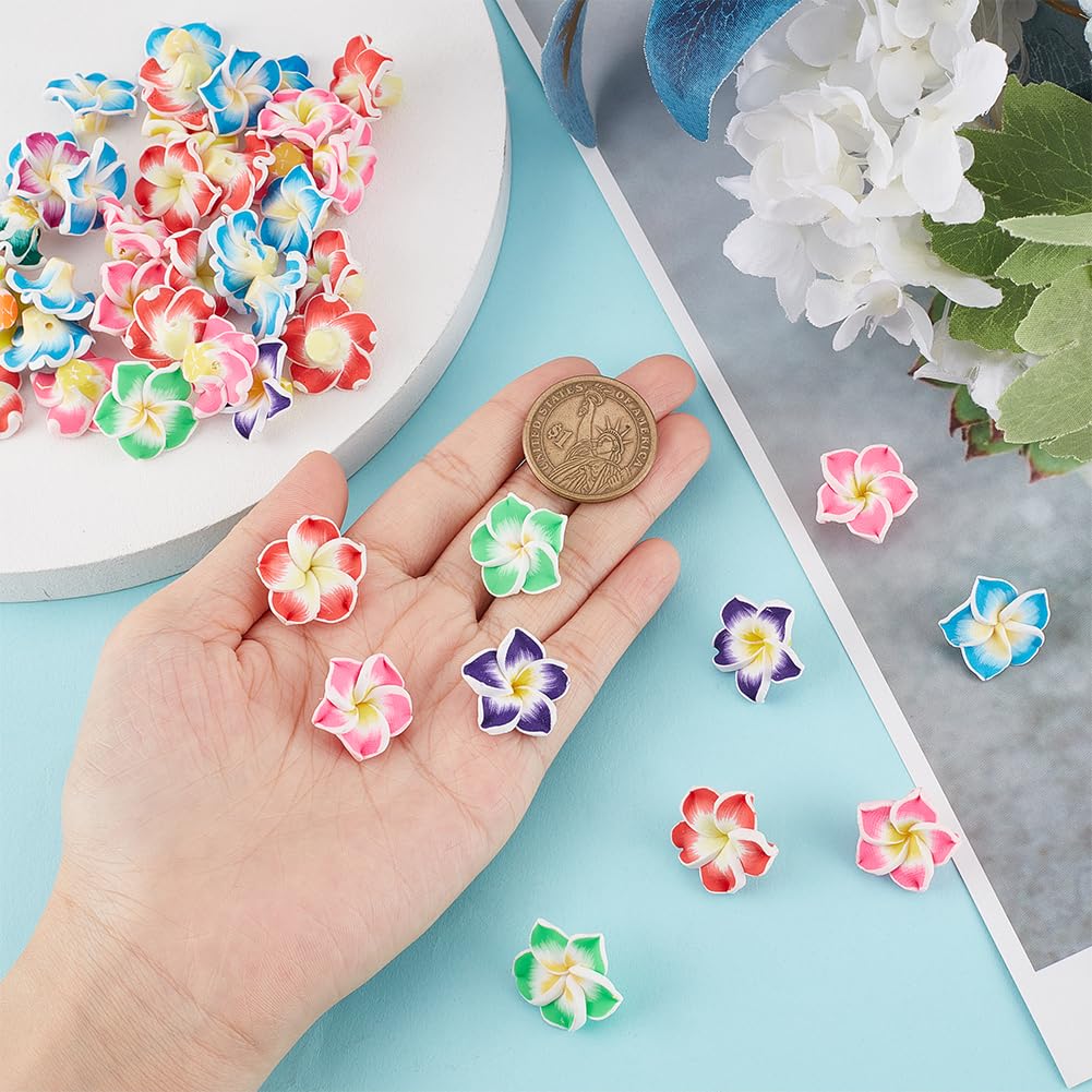 SUNNYCLUE 60Pcs Hawaii Flower Beads Plumeria Beads Bulk Large Floral Flowers 20x10mm Charms Handmade Polymer Clay Loose Spacers for Jewelry Making Beading Kit DIY Necklace Supplies
