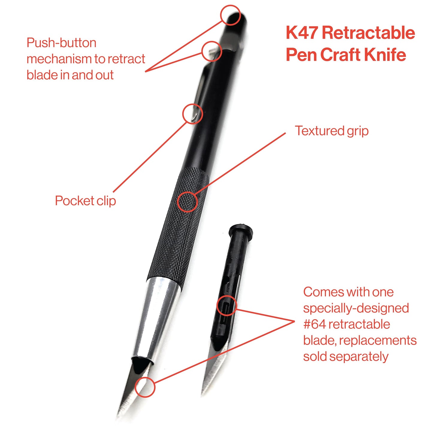 Excel Blades K47 Retractable Craft Knife Pen 2-Pack – Precision Art Knife with #65 Angled Blade for Paper, Cardstock, Vinyl, Film & Plastic – Slim Aluminum Hobby Cutter with Pocket Clip – Made in USA