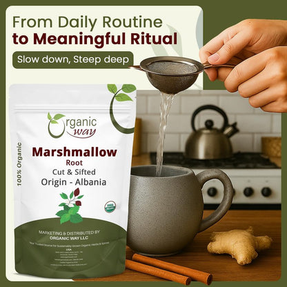 Organic Way Marshmallow Root | Herbal Tea (Althaea officinalis) Cut & Sifted - European Wild-Harvest | Organic & Kosher Certified | Non GMO & USDA Certified | Origin - Albania (1/4LBS / 4Oz)