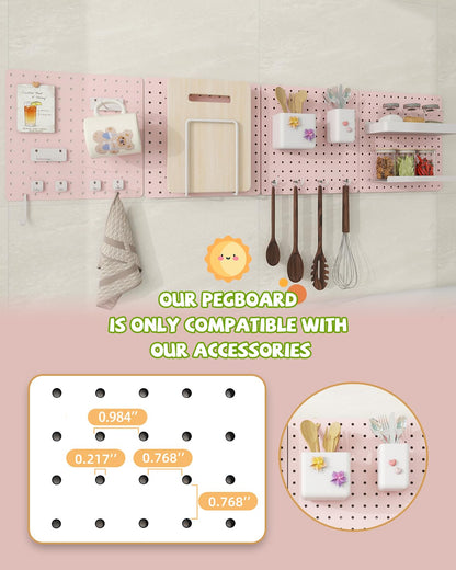 Soubeoii Metal Pegboard Combination Kit — 4 Carbon Steel Pegboards with 26 Accessories, Pegboard Wall Organizer for Home, Office, Study Room, Kitchen, Garage & Craft Room — 24″ × 24″ Pink Peg Board