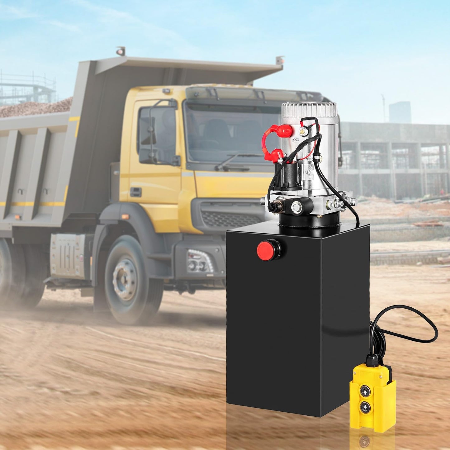 4 Quart Hydraulic Pump Single Acting Hydraulic Dump Trailer Pump 3200 PSI Hydraulic Power Unit with 12V DC Metal Oil Reservoir, Single Action Powering Unit, SAE #6 Ports
