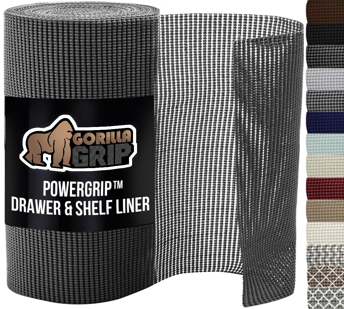 GORILLA GRIP powerGRIP Drawer Shelf and Cabinet Liner, Thick Strong Hold, Non-Adhesive Liners Protect Kitchen Cabinets and Cupboard, Bathroom Drawers, Easy Install, Breathable Mat, 12" x10', Beige