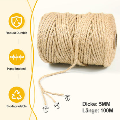 Jute Twine String - 328ft Eco-Friendly 5mm Natural Cord for Crafts, Packaging & Cat Scratchers | Heavy-Duty Rope for Garden Tying, Gift Wrapping & DIY Decor