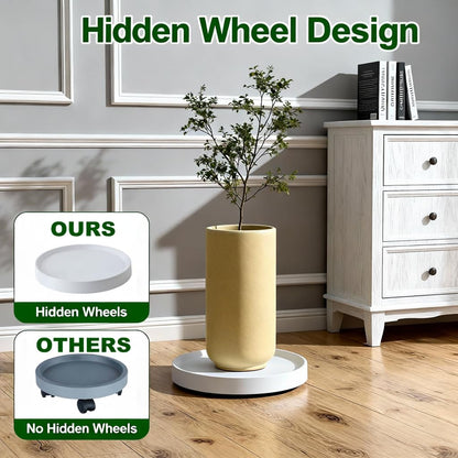 12.4inch 2Pack (12.4inch) Plant Caddy with Hidden Wheels White Round Rolling Plant Stands ,Mobile Tray Trolley