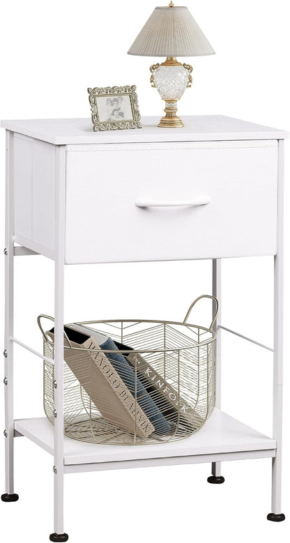 25.03" WLIVE White Nightstand, Night Stand with Fabric Storage Drawer and Open Wood Shelf, Small End Side Table