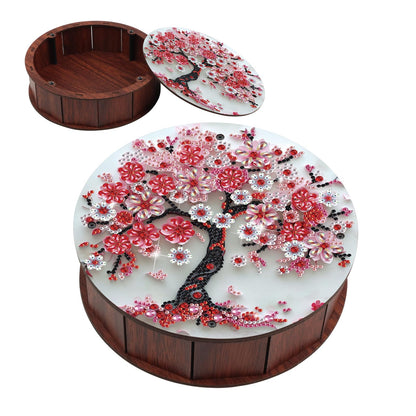 antor 5D Diamond Painting Snack Storage Box – Cherry Blossom Tree Design Round Wooden Container with Lid – Floral Elegant Crystal Rhinestone Art Craft Gift for Adults