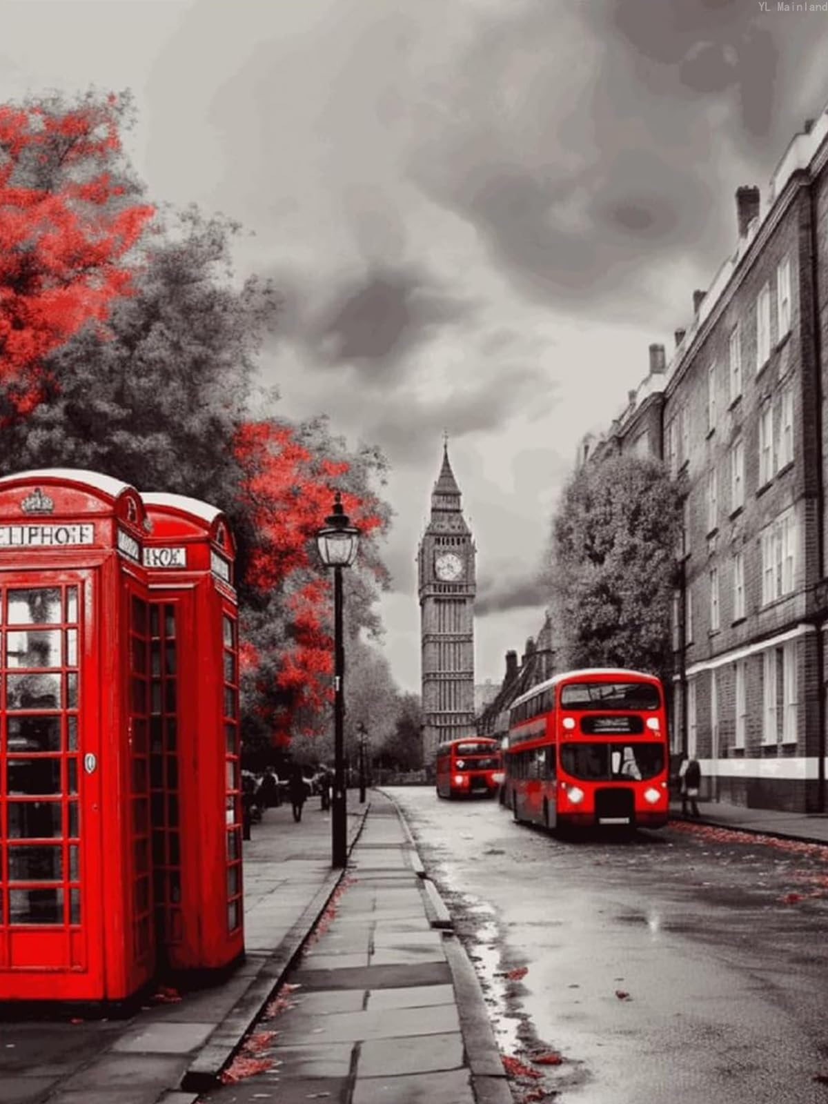 Red London Street Diamond Painting Kits Cute Gem Art Painting Full Drill Diamond Dots Paintings for Beginners DIY Diamonds Pictures for Adults Home Wall Decor 12x16 inch