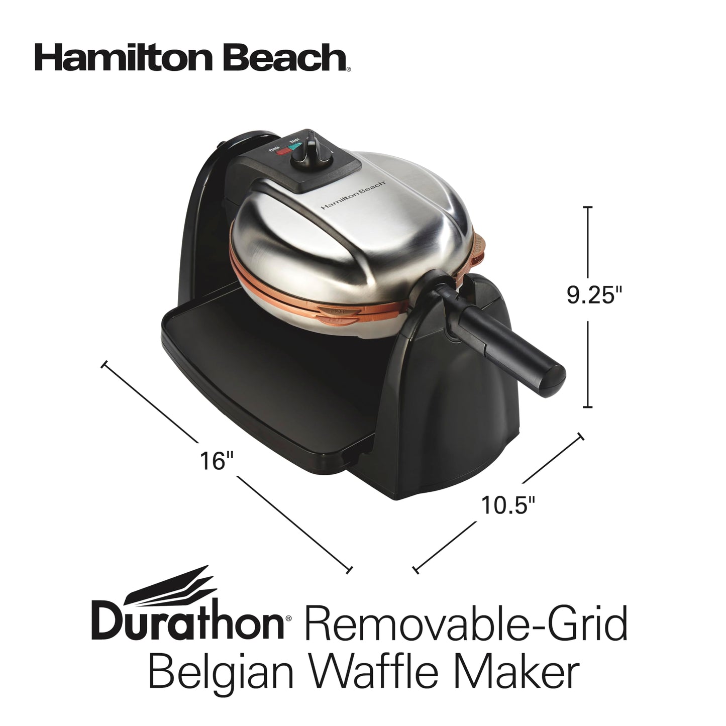 Hamilton Beach Belgian Waffle Maker with Removable PFAS-Free Durathon Nonstick Coated Plates, Easy Flip, Ceramic Grids, Black (26031)
