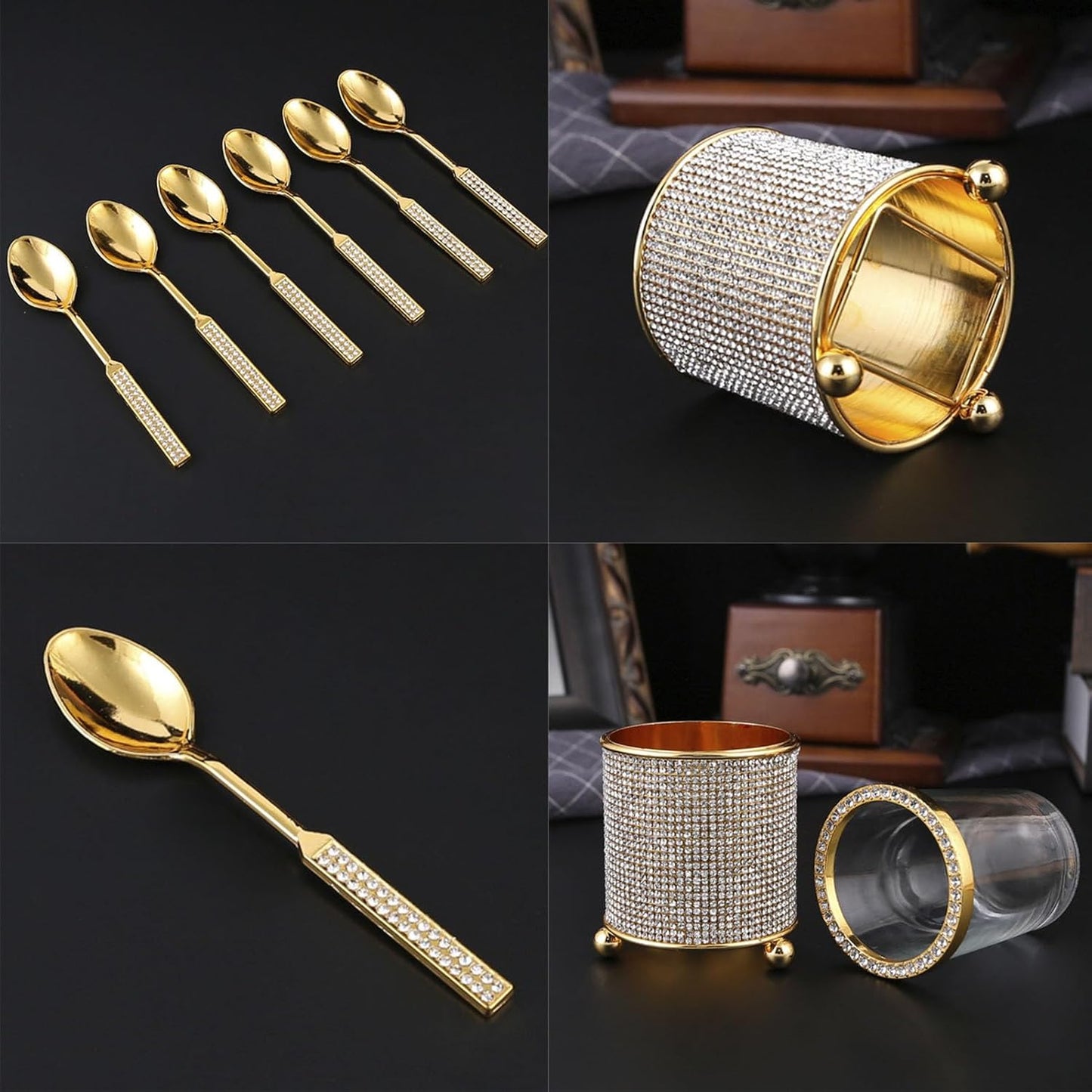 Coffee Spoons Set with Holder, Long Handle Dessert Spoons, Gold Glass Jar with 6 Metal Flatware Spoons