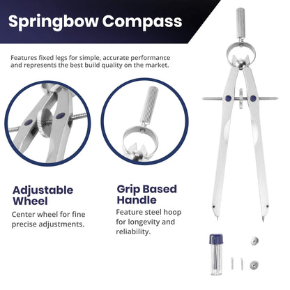 Pacific Arc Metal Professional Compass, Perfect Spring Bow Compass for Math, Geometry, or Drafting, Up to 8" Diameter Large, Comes with Lead and Lock