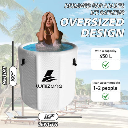 Lumizone Inflatable Cold Plunge Tub 118 Gallons Capacity Ice Bath Portable Ice Bath Tub Compatible With Water Chillers with Lid Drop Stitch PVC Double Layer Seals Oversized for Athletes