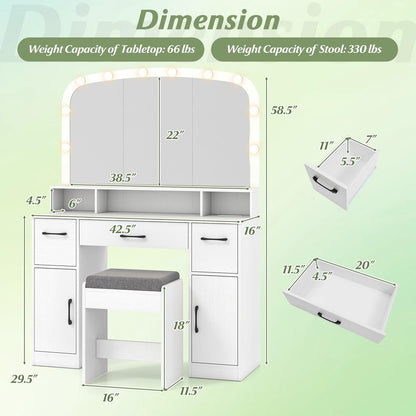 CHARMAID White Vanity Desk with Arched Mirror and Lights, Large Makeup Vanity Table with Charging Station, Storage Drawers & Cabinets, Modern Dressing Table with Stool for Bedroom