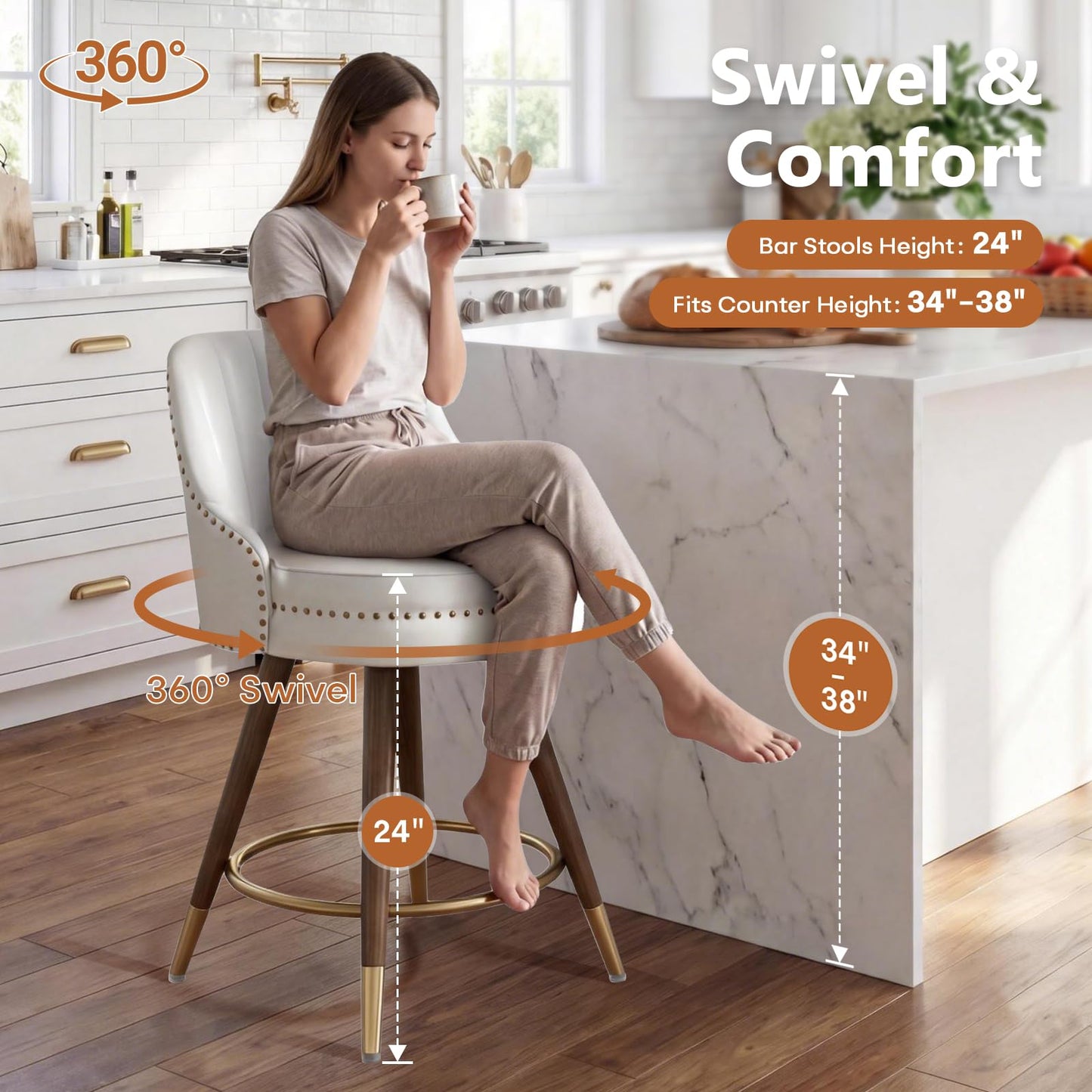 Sucrever Counter Height Bar Stools Set of 4, 24" Leather White Bar Stools with Backs, Swivel Counter Stools with Wooden Legs for Kitchen, Dining Room, Bar, Cream White