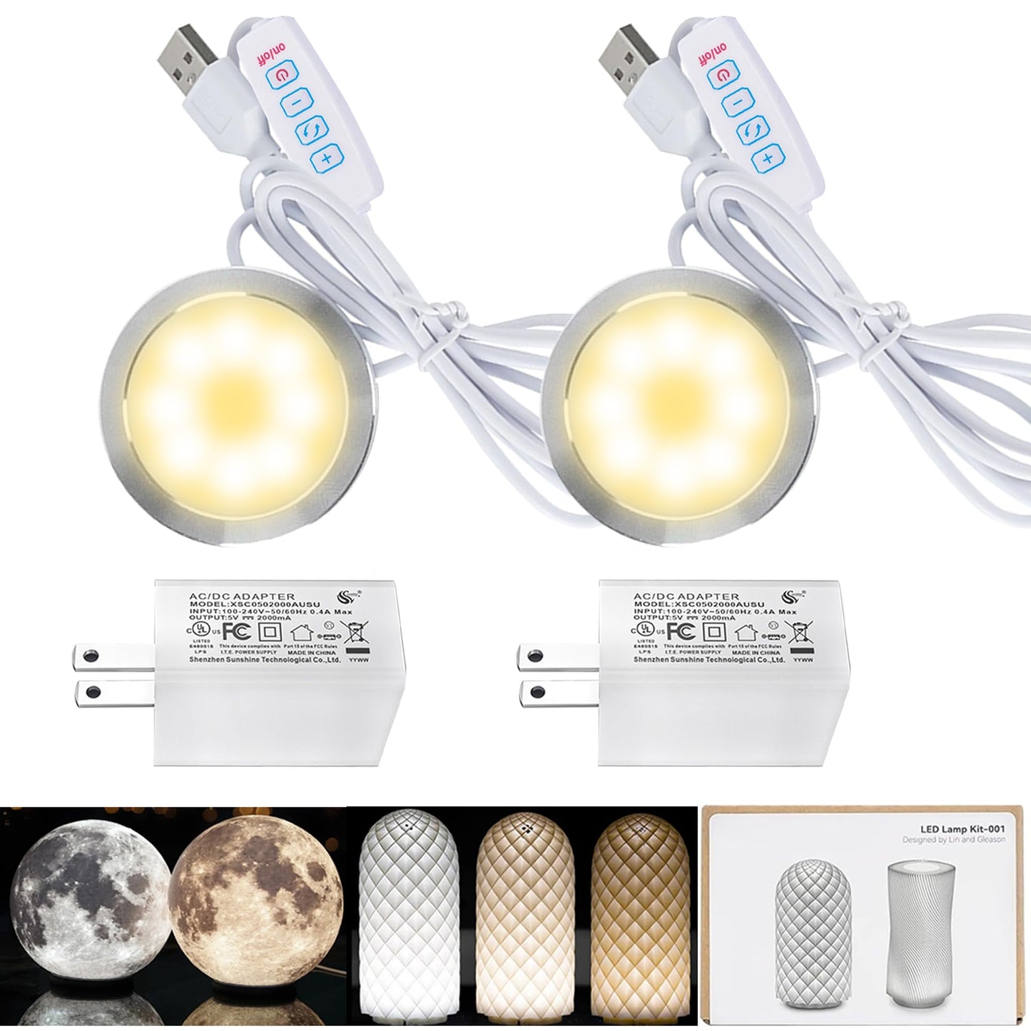 Cxydm led lamp kit 001 Compatible with Bambu Lap H2D/A1/A1mini/P1S/P1P/X1C Light kit, Three Colors with Power-Off Color Memory, Makerworld‘s 3D Printed DIY Light Models, 5V USB Powered, 2Pack+Charger