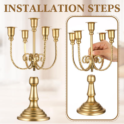 Rtteri 6 Pcs Gold Candelabra Candlestick Holder Metal Candle Stand Candelabra for Taper Candles Table Centerpieces Wedding Christmas Holiday Birthday Party (11.8 x 9.45 x 4.1 Inch,5 Arm)