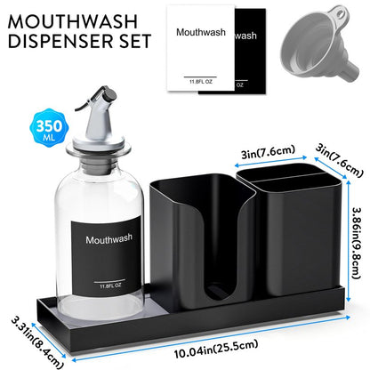 Moforoco Glass Mouthwash Dispenser with Toothbrush Holders, 11.8Oz Mouth Wash Bottle Container with Cup Holder, Funnel, Labels, and Drying Stone Tray, Bathroom Decor Accessories Set, Black
