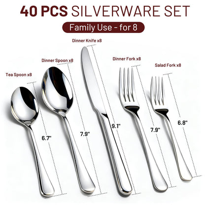 KIKCOIN 40 Pack Silverware Set for 8, Food-Grade Stainless Steel Flatware Set, Heavy Duty Mirror Polished Cutlery Utensils Set with Knives Spoons and Forks Set for Home Kitchen Restaurant Wedding