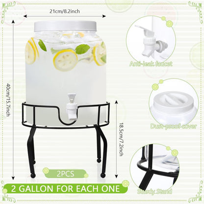 Tanlade 2 Pack 2 Gallon Plastic Drink Dispenser with Stand Beverage Dispenser with Sturdy Metal Base Juice Dispensers Drink Jar with Spigot for Weddings Parties Lemonade Tea Countertop