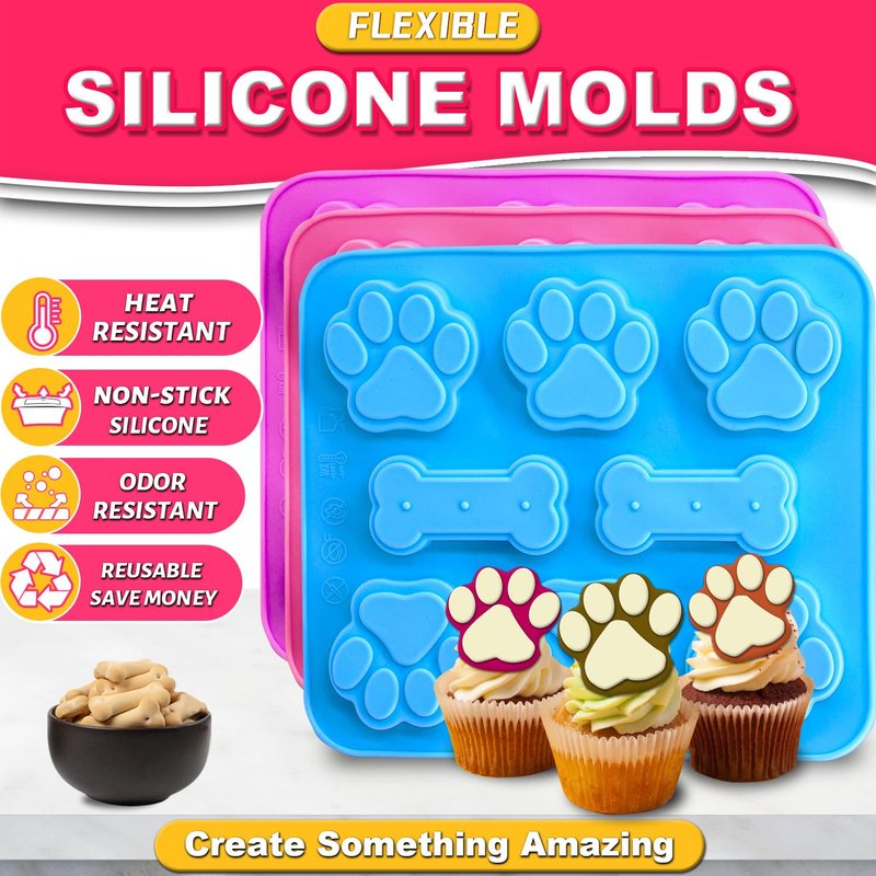 Ossryta 3Pcs Puppy Paw & Bone Silicone Molds - Non-Stick Candy Mold, Reusable Ice Cube Molds for Frozen Dog Treats, Chocolate, Jelly, Biscuit - Food Grade 2-in-1 Dog Treat Mold for Baking and Freezing