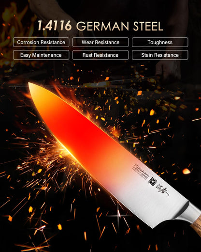 Mitsuharu 8 Inch Chef Knife, SHOMAN Series Meat Cutting Knife with Olive Wood Handle, German Steel Chef's Knife for Kitchen Cooking, Ultra Sharp Cutting Chopping Knife for Vegetable Fruit with Case