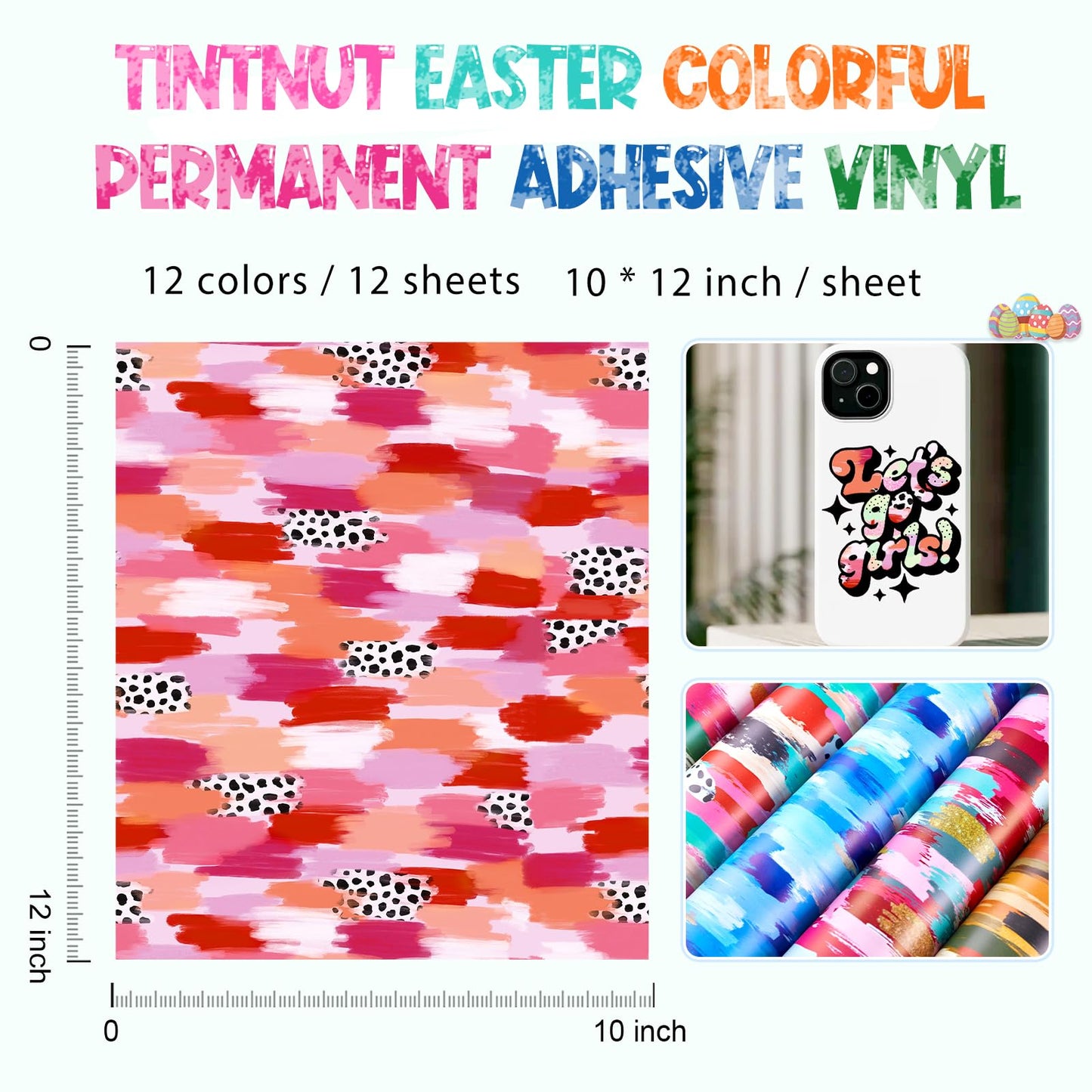 Tintnut Tie Dye Permanent Adhesive Vinyl - 12 Sheets 12''x10'' Colorful Brush Texture Self-Adhesive Vinyl for Cutting Machine, Waterproof Vinyl for DIY Personalized Gifts & Craft Projects