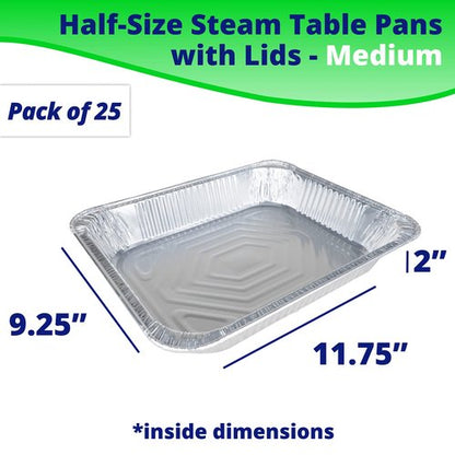 IDL Packaging Half-Size Aluminum Steam Table Pans with Lids - Medium, 13" x 11" x 2" (pack of 25) - Disposable Foil Pan for Grilling, Roasting, BBQ, Cooking, Baking, Freezing
