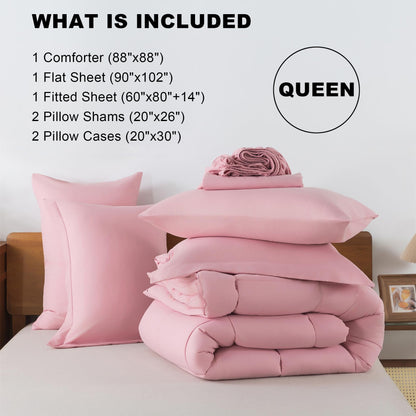 ELNIDO QUEEN® Queen Comforter Set - 7 Pieces Bed in a Bag Queen Size, Bed Set for All Seasons, Blush Pink Ultra Soft Bedding Sets with Comforter, Flat Sheet, Fitted Sheet, Pillowcases and Pillow Shams