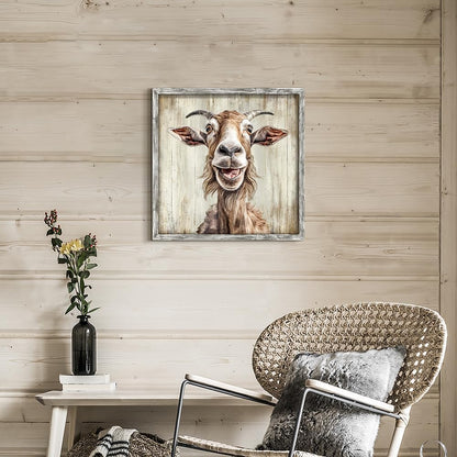 20 20 Inch Farmhouse Goat Wall Art Framed: Animal Portrait Print Decor Rustic Wood Nursery Painting Picture Funny Farm