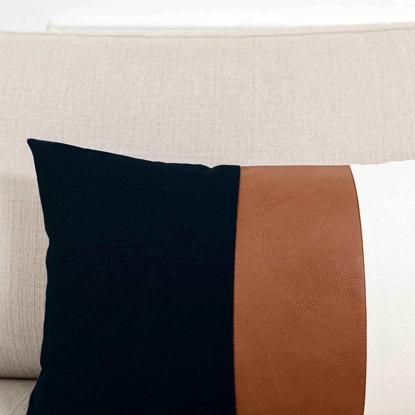 12x20 Set 2, Lumbar Pillow Covers of Reversible Black White Cotton & Brown Leather Patchwork Pillow Case for Sofa Bed
