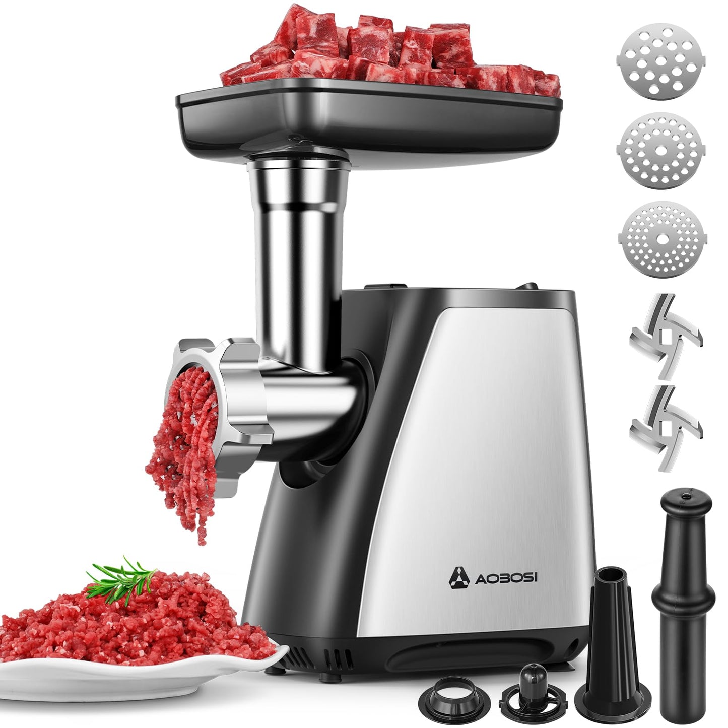 AAOBOSI Meat Grinder, 4-In-1 Meat Grinder Electric [2800W Max] with 3 Slice, Shred Blades,2 Blades,3 Plates,Sausage Stuffer,Kubbe Kit, for Home Kitchen Use, Stainless Steel