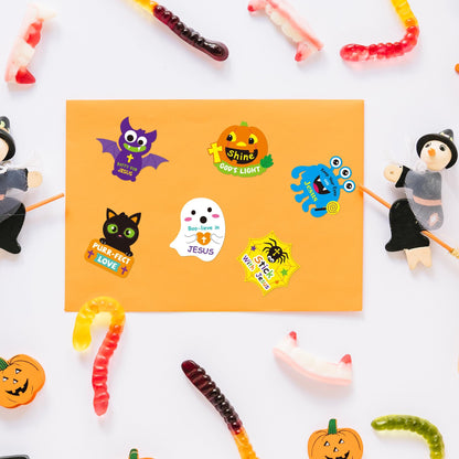 Haooryx Halloween Religious Sticker Roll - 300Pcs Make Your Own Pumpkin Ghost Bat Face Sticker Self-Adhesive Mix and Match Christian Religious Page Activity Pad Church Event Fall Halloween Party Favor