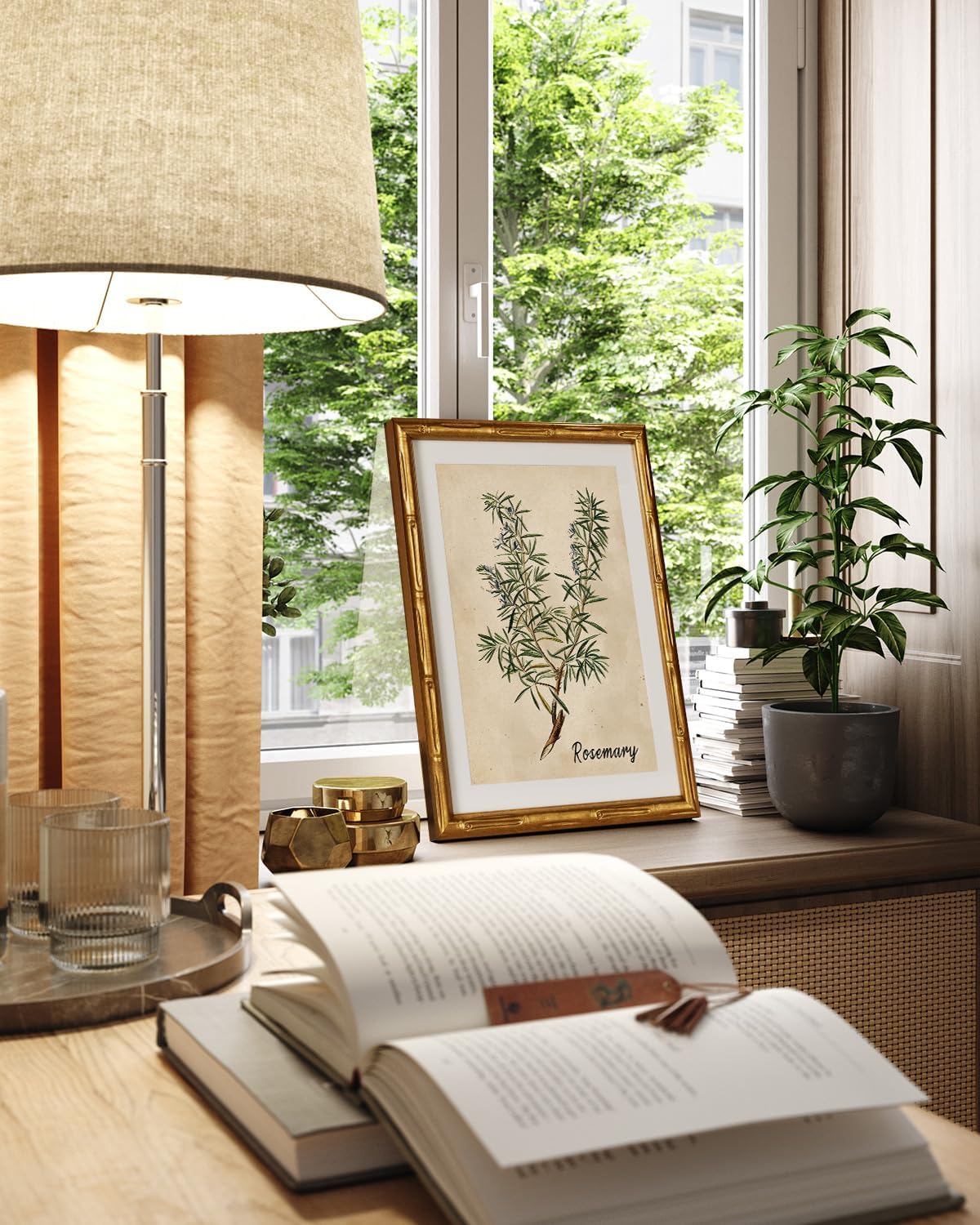 11x14inch InSimSea Gold Bamboo Framed Canvas Wall Art, Retro Herbs Rosemary Botanical Paintings, Antique Vintage