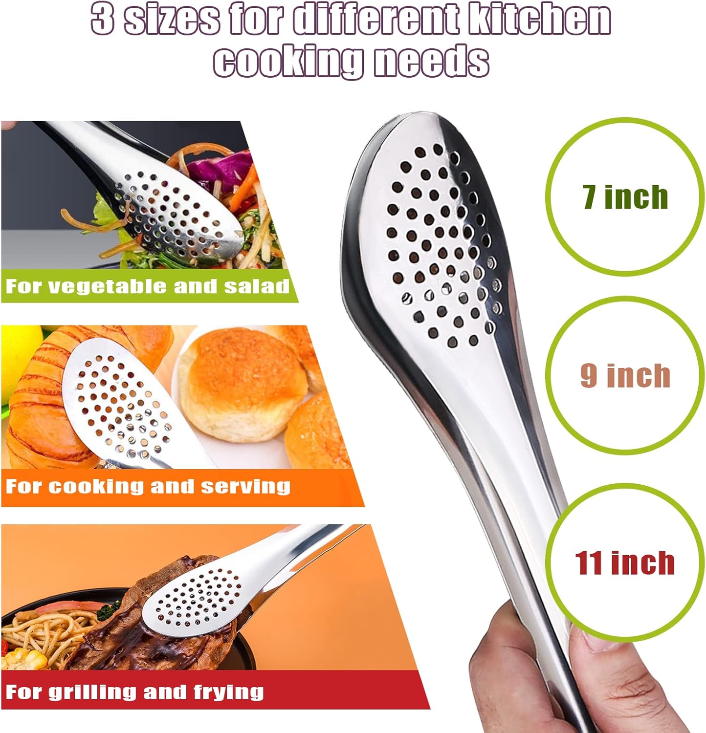 TOPULORS Stainless Steel Tongs Set (7/9/11 Inch) - Heavy Duty Kitchen & BBQ Tongs for Cooking, Grilling, Baking,