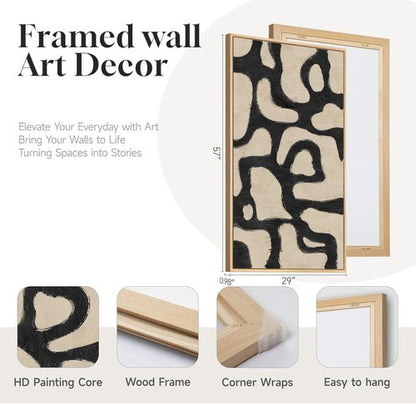 Framed Neutral Abstract Wall Art - Extra Large Black & Beige Canvas Print for Living Room | 30x60 Inch