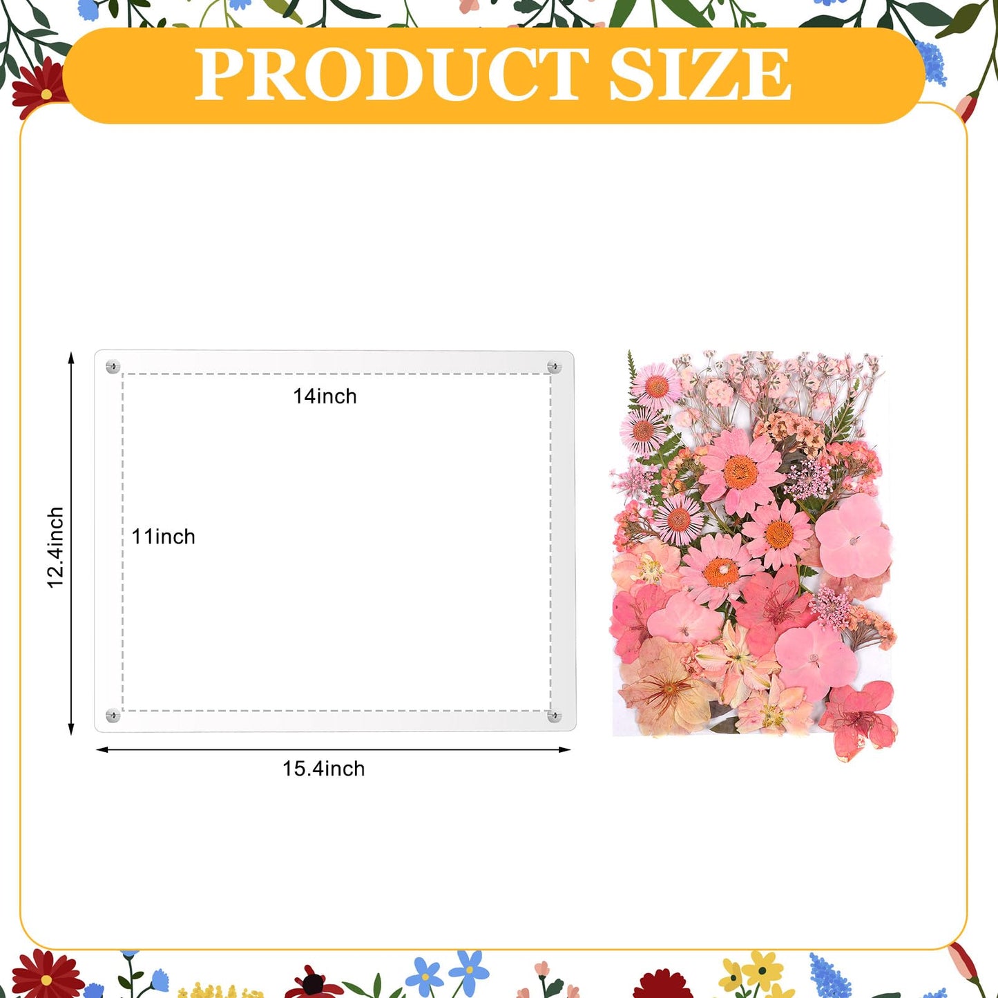 Kathfly 11 x 14 Inch Clear Acrylic Wall Mount Picture Frame Self Adhesive with Pink Dried Pressed Flowers Floating Frameless Clear Photo Frame for Diploma Certificate Degree Painting Artworks Craft