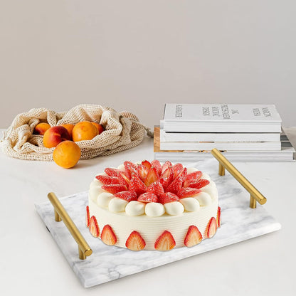 12" DEAYOU Decorative Tray with Gold Handles, Natural Marble Stone Tray, Nightstand Serving Tray with Metal Handle