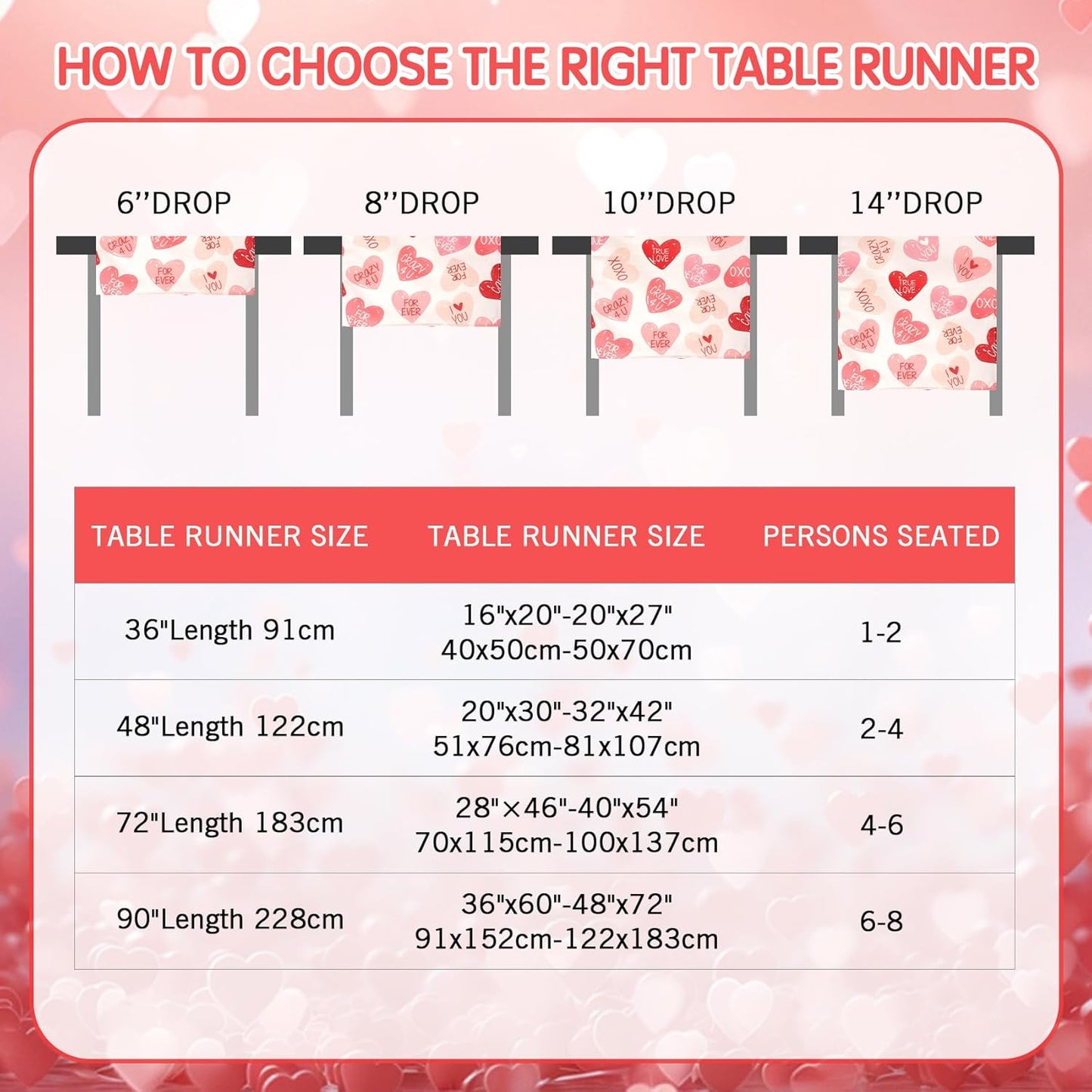 QIHOMPIB Runner(13x72 Inch) Valentine Table Red Pink Love Heart Pattern Coffee Table Decor Valentines Day Home Kitchen