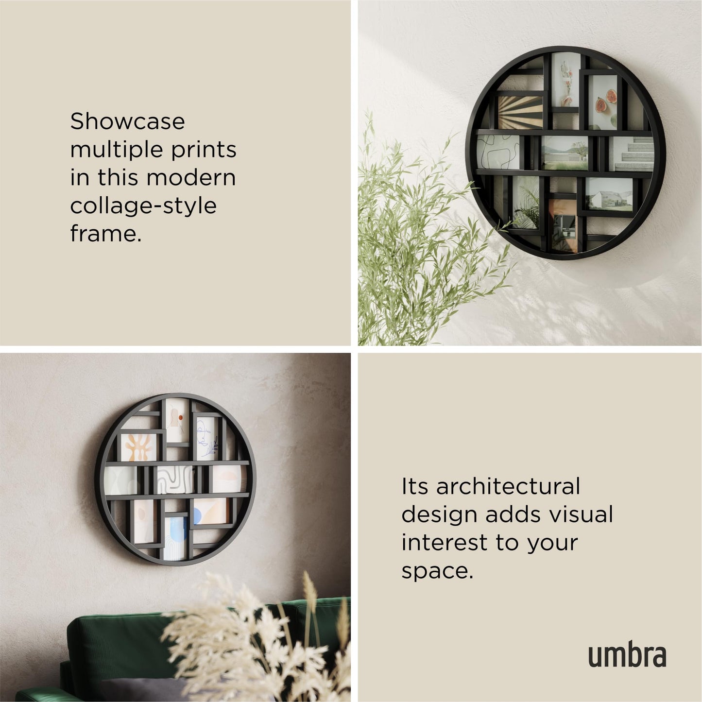 Umbra Luna Collage Picture Frame Holds Nine 4x6 Photos, Large 22-Inch Diameter, Black