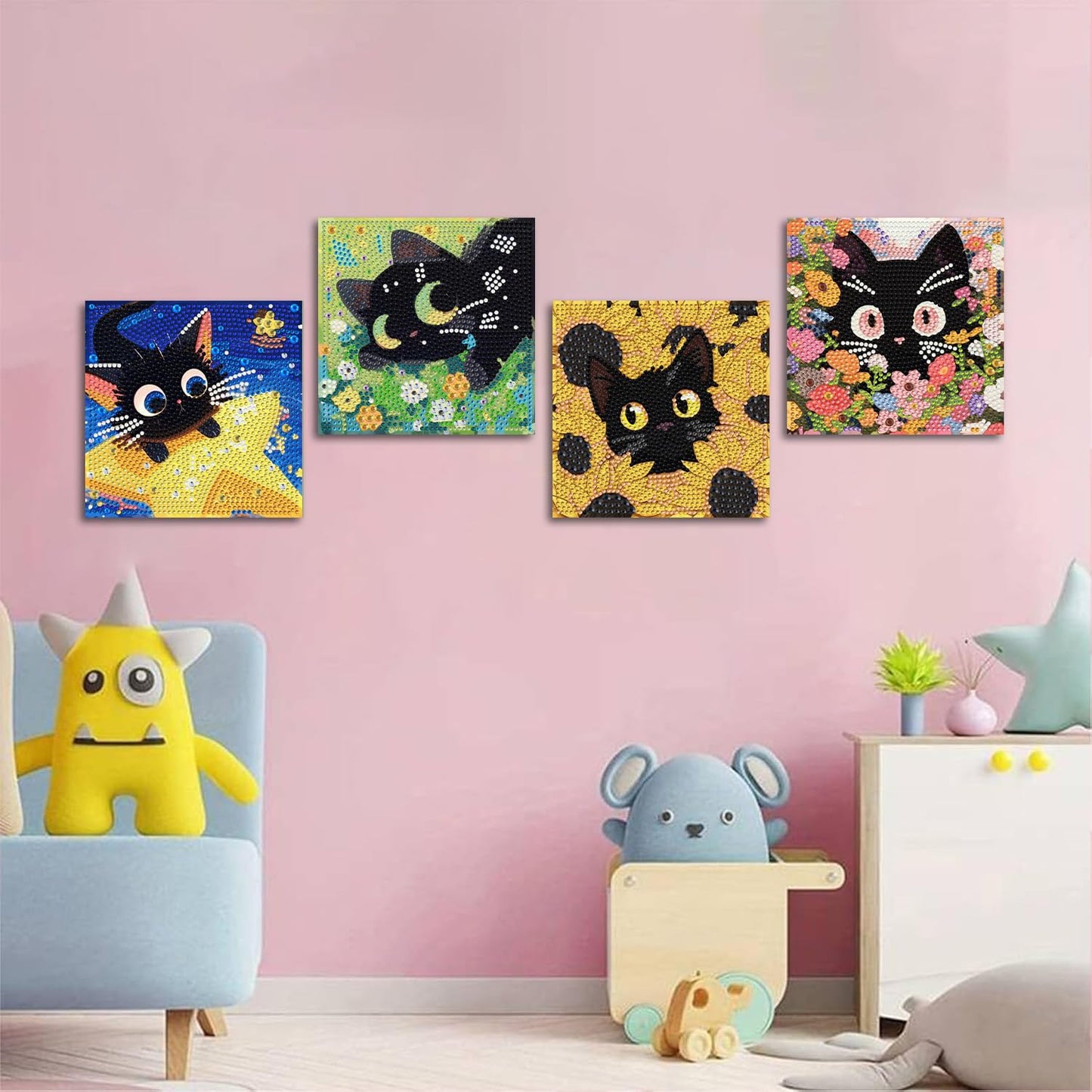 ICYANART 4 Pack Cat Diamond Art Kits for Kids Cute Diamond Art Painting for Kids Ages 6-8-12 Gem Art for Gifts and Home Wall Decor 7x7inch