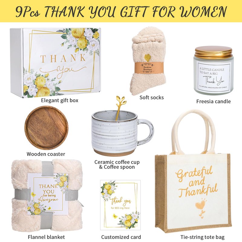 Thank You Gifts for Women ,Appreciation Gift Box with Blanket, Mug with Lid and Spoon, Soy Candle, Fuzzy Socks, Tote Bag, Card ,Boss, Birthday, Nurse, Teacher, Coworker, Mom, Best Friend