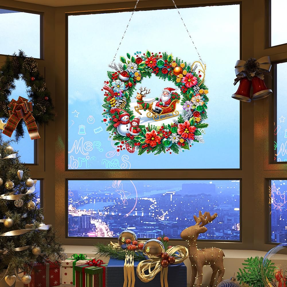 LAKEQUILL Christmas Diamond Art Painting Kit for Adults: DIY Hanging Wreath Pendant, Special Shaped Crystal Art for Holiday Window Tree Decor