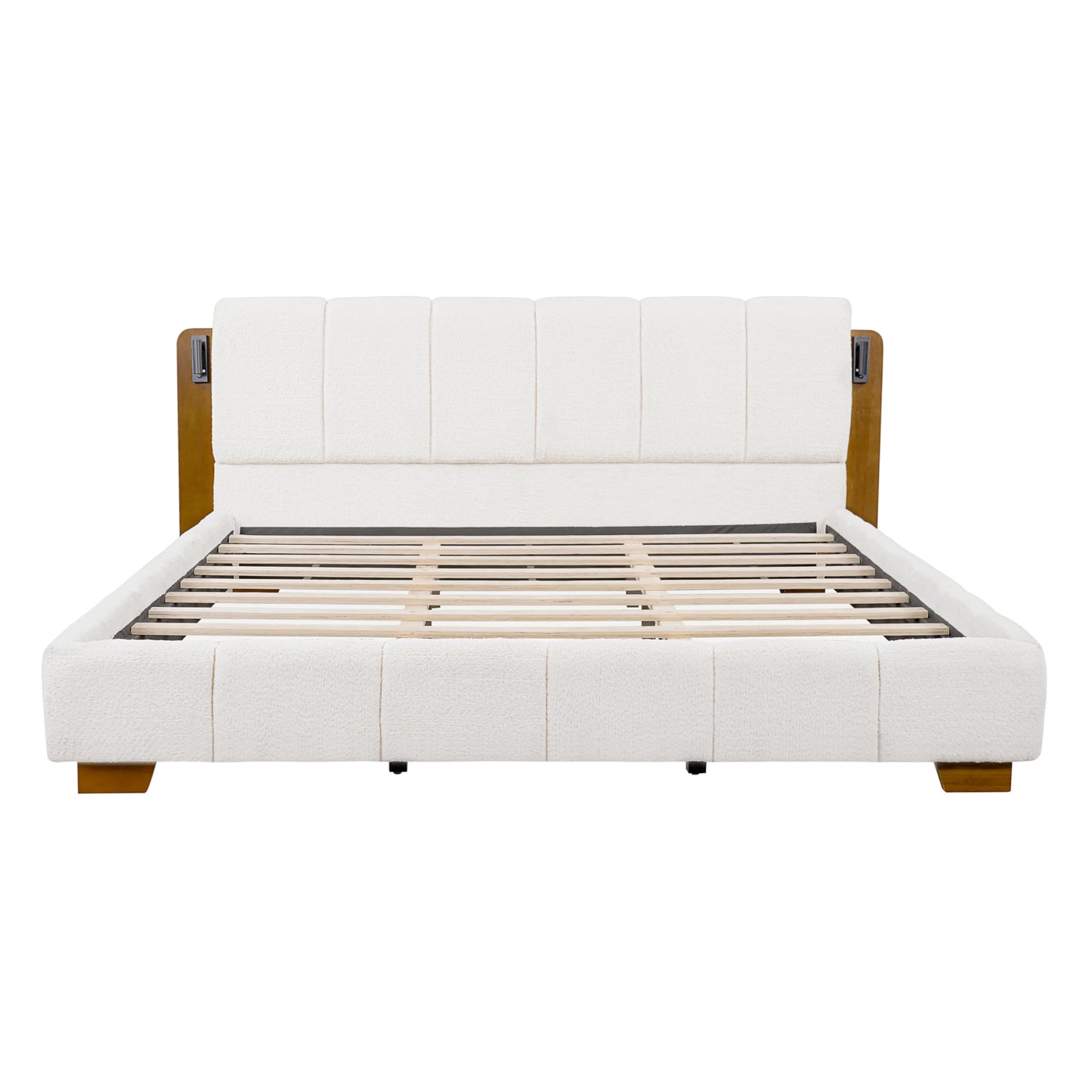 Christopher Knight Home Dora Boucle Upholstered King Bed Frame and Headboard, King Platform Bed and Reading Light, Wooden King Size Bed Frame with Tufted Design, No Box Spring Needed, White + Brown