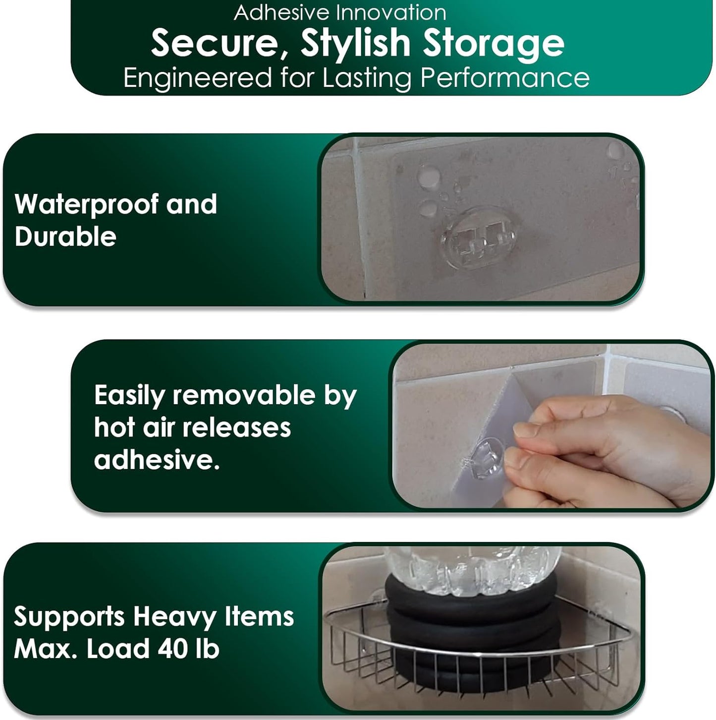 12 Pack Upgraded Adhesive Hooks for Wall Mount, Self-Adhesive Corner Shelf Shower Caddy, Waterproof Bathroom & Kitchen