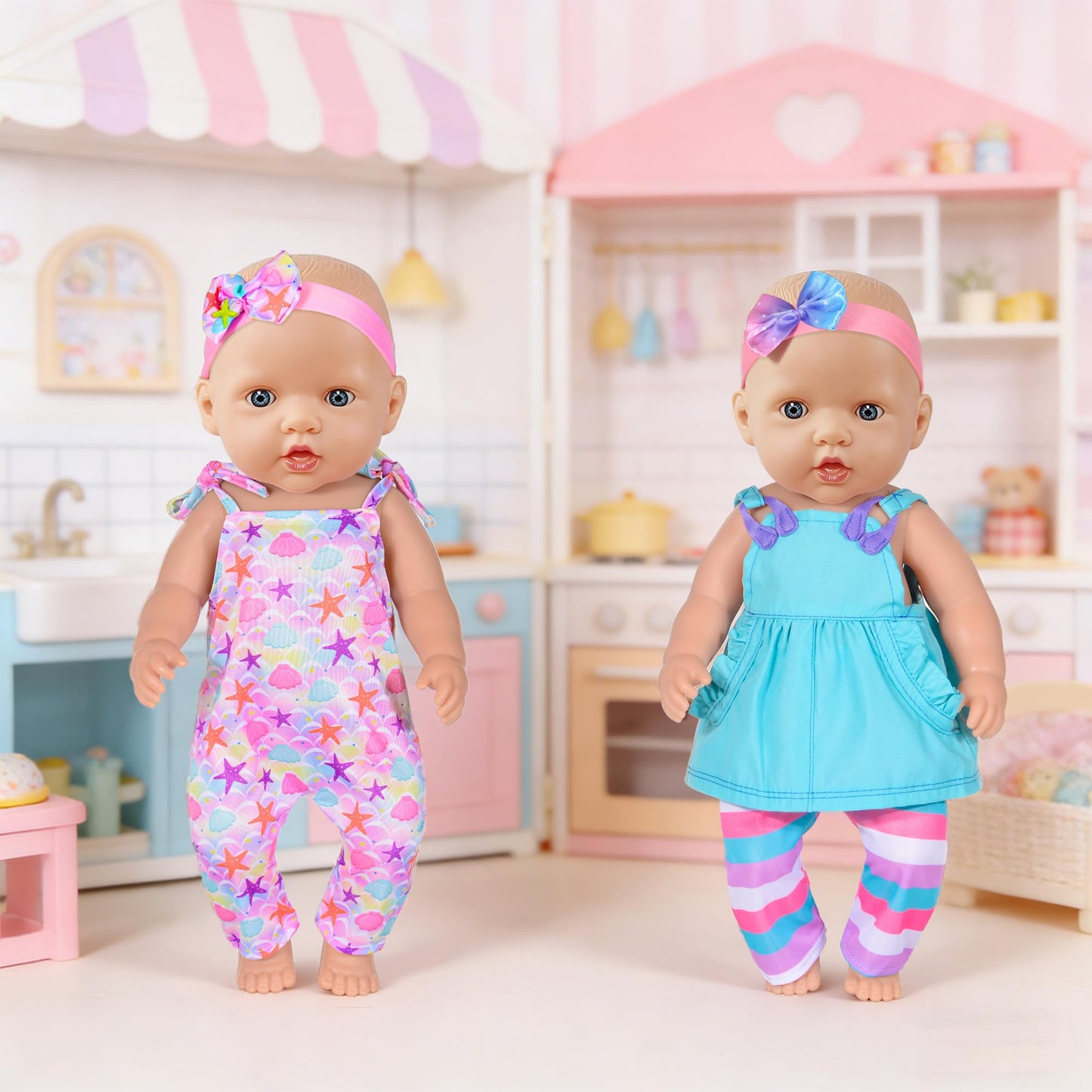 5-Pack Baby Doll Clothes for 15-18 Inch Dolls, Cute Fashion Doll Clothing Set with Matching Headbands, Fits 15" 16" 17" Reborn Baby Dolls, 18" Dolls, Baby Dolls, Gift for Girls (Doll Not Included)