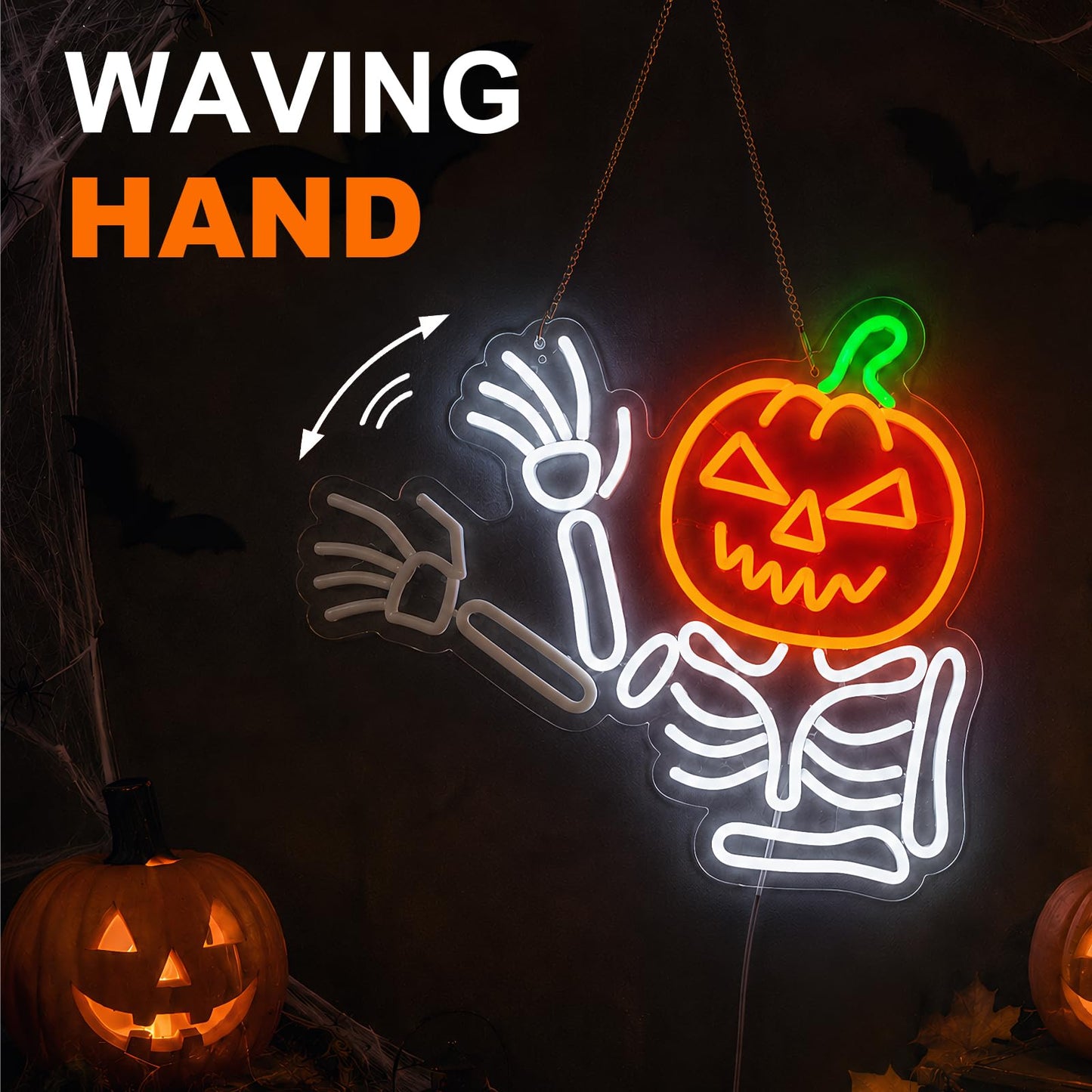 Waving Pumpkin Skeleton Neon Sign, Flashing Halloween Neon Sign, Dimmable Skull Led Light for Wall Decor, Halloween Decorations for Home, Party, Bar, Window
