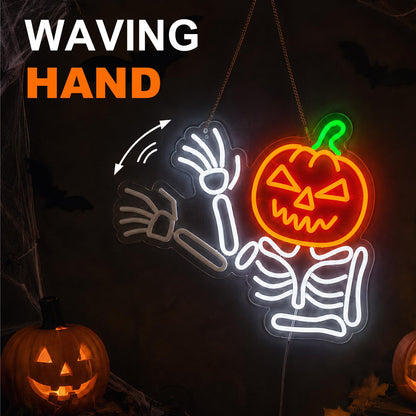 Waving Pumpkin Skeleton Neon Sign, Flashing Halloween Neon Sign, Dimmable Skull Led Light for Wall Decor, Halloween Decorations for Home, Party, Bar, Window